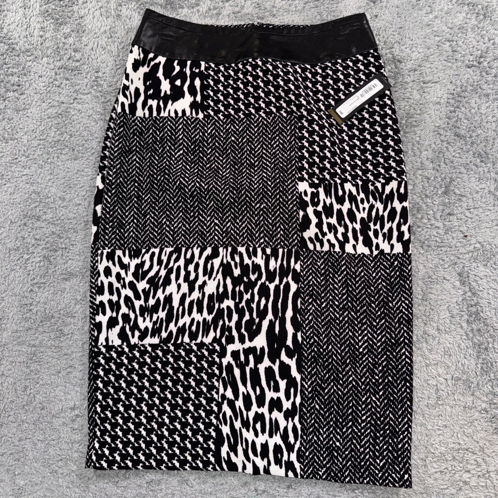 Worthington Animal Patchwork Pencil Skirt Size 6 Black White Faux Leather Waist